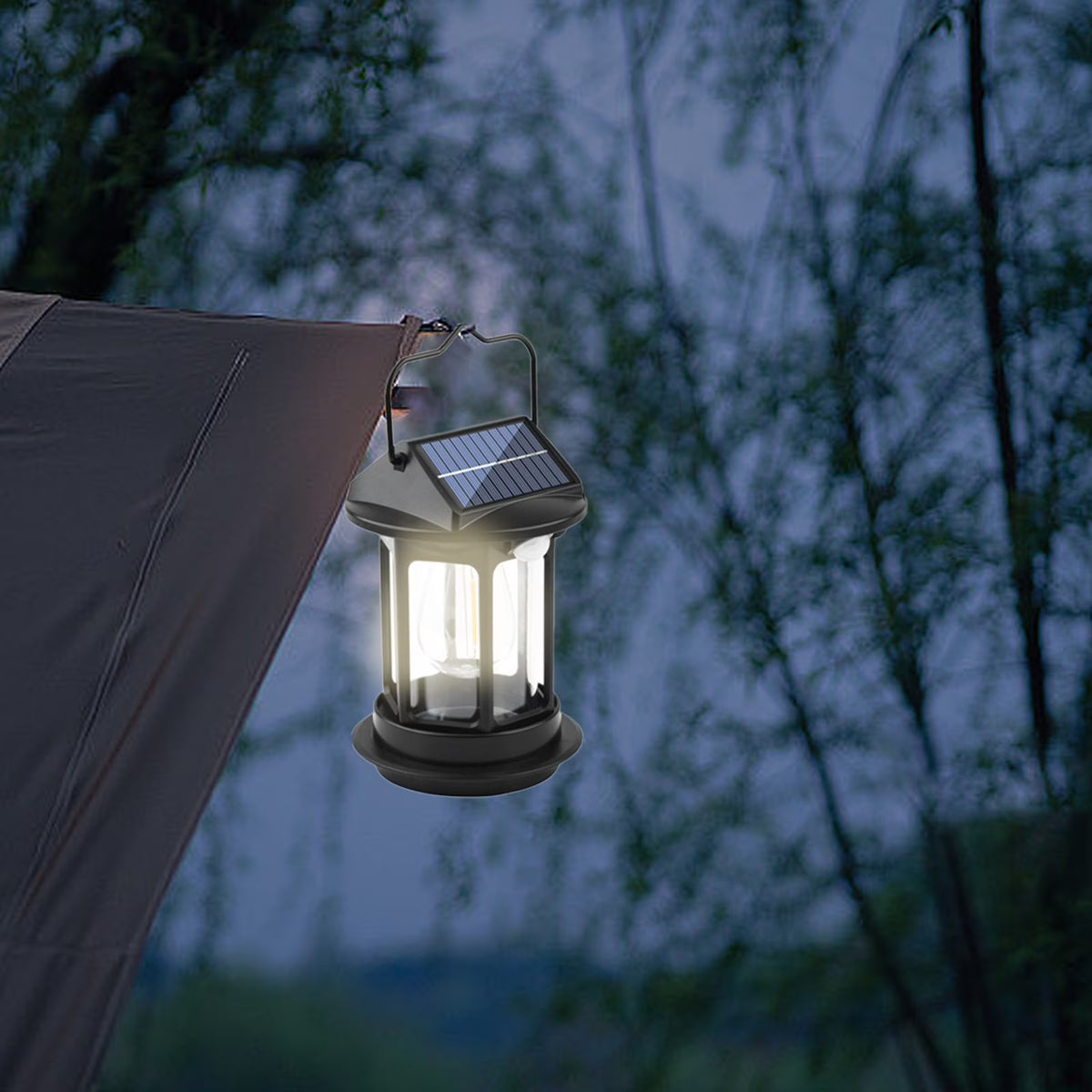 Solar Hanging Lantern Vintage Outdoor Light | Rainproof Rechargeable LED Induction | Solar/USB Dual Powered | Black ABS 6.3" | Garden Balcony Yard Camping | Auto Sensor