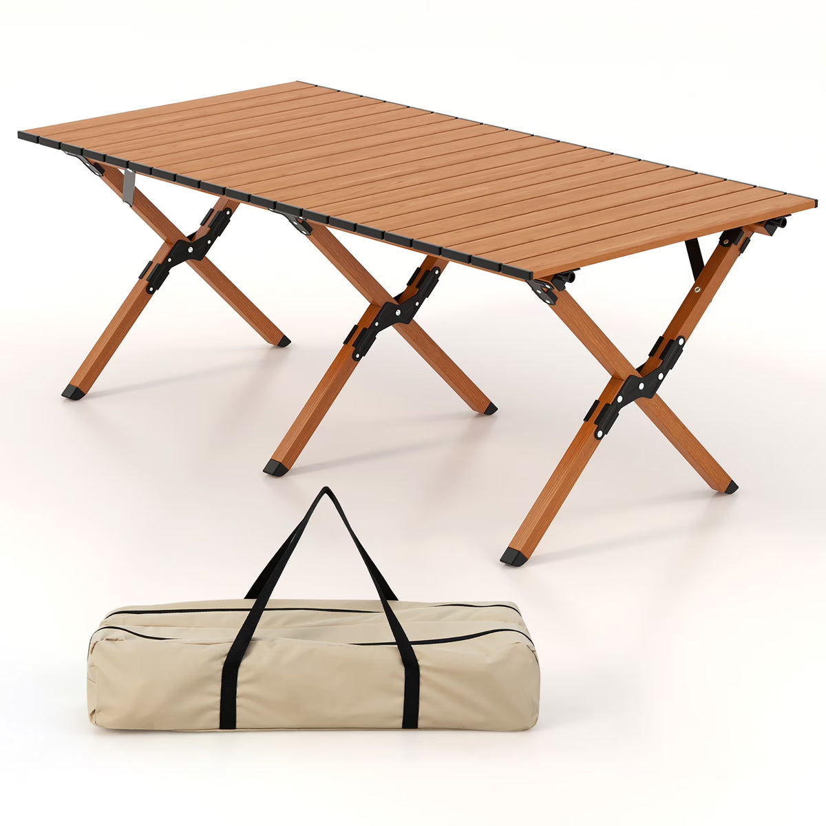 Folding Aluminum Camping Table with Carry Bag Roll-Up Picnic Table with Wood Grain